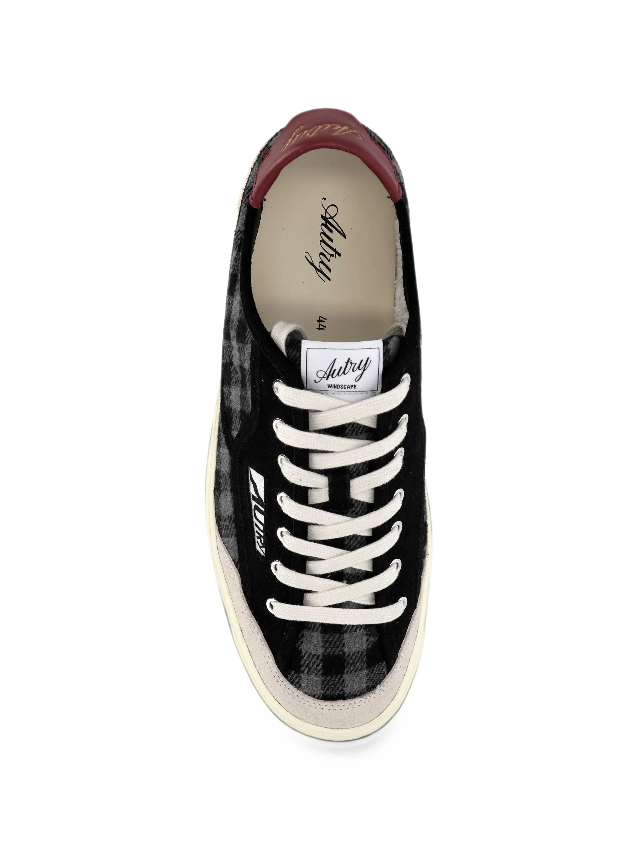 Windscape low sneakers in gray black and syrah check print fabric and suede