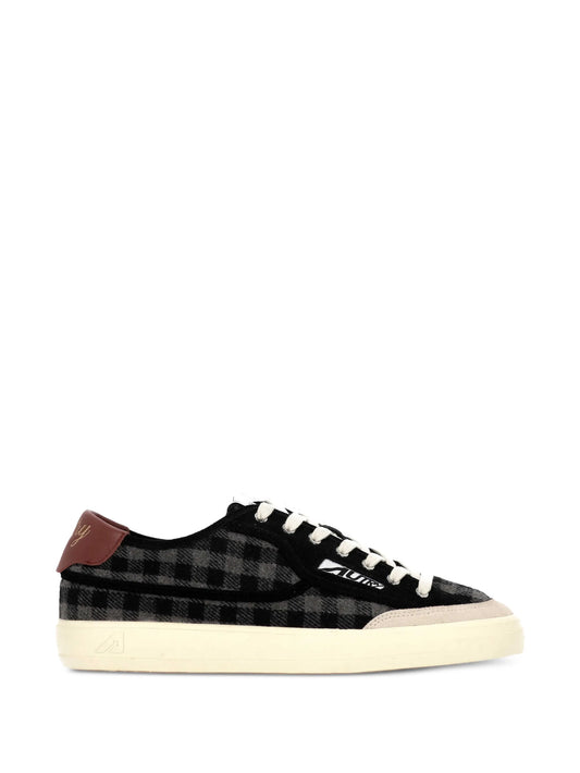 Windscape low sneakers in gray black and syrah check print fabric and suede