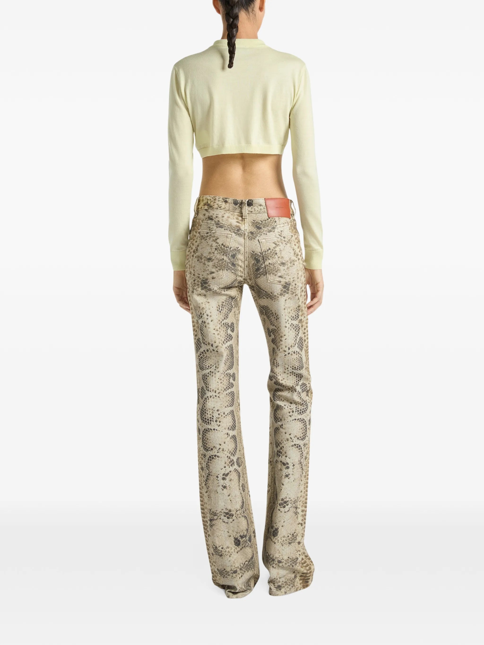 python-print bootcut denim jeans