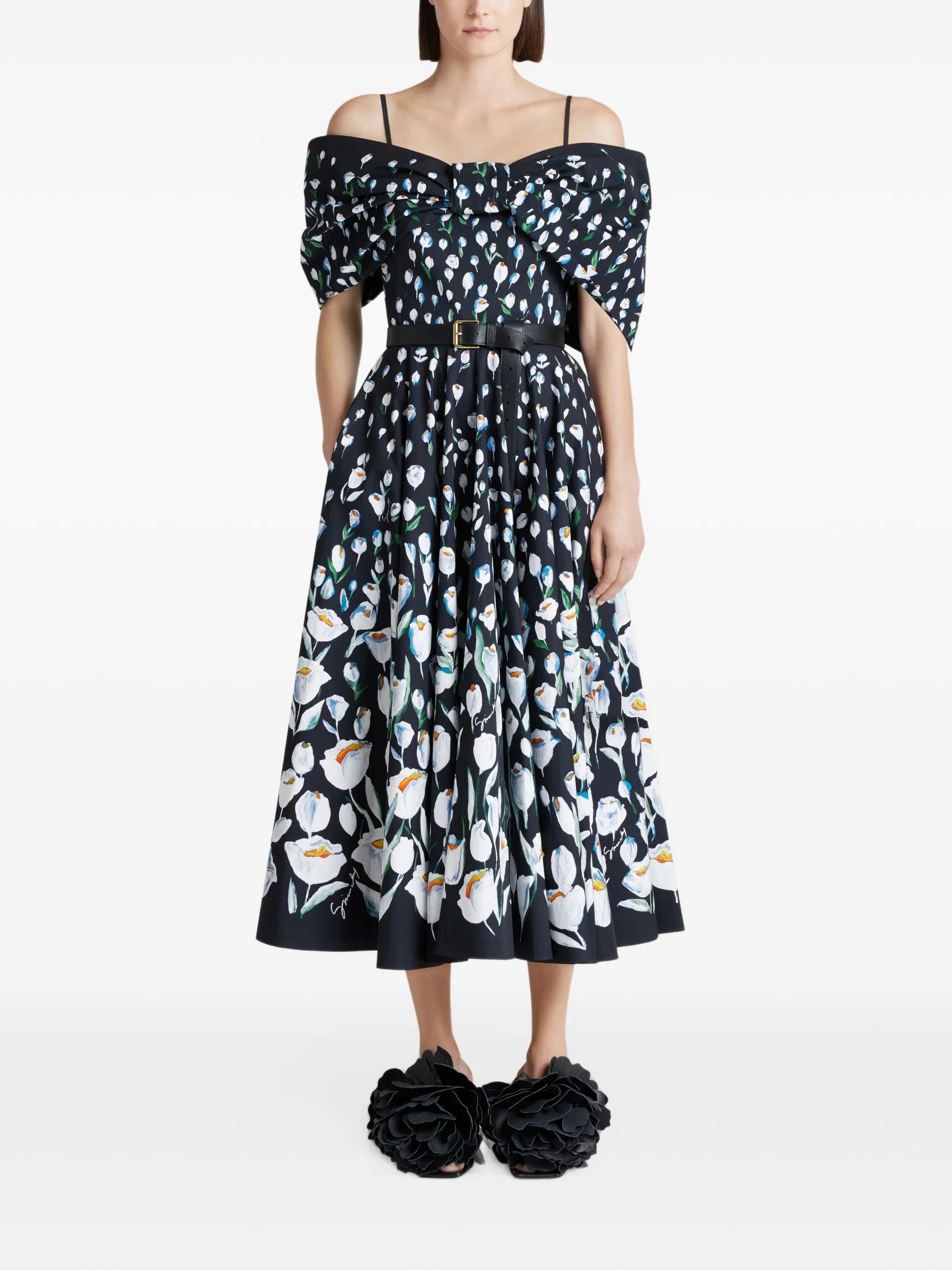 midi bow dress in poplin with tulip print
