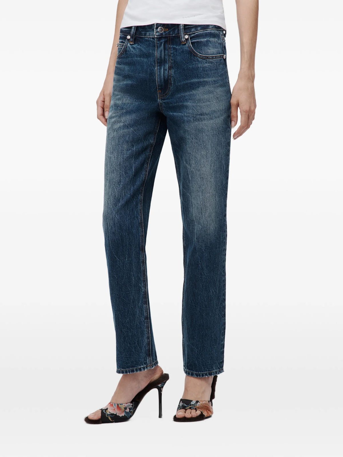 high-rise taper jeans w/ crystal stud